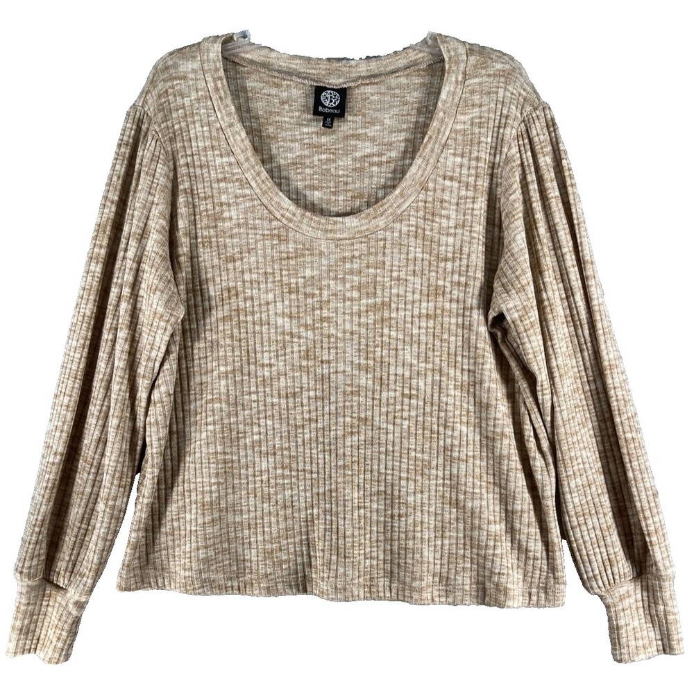Bobeau Ribbed Knit Top Womens 1X Tan Space Dye Scoop Neck Long Sleeve